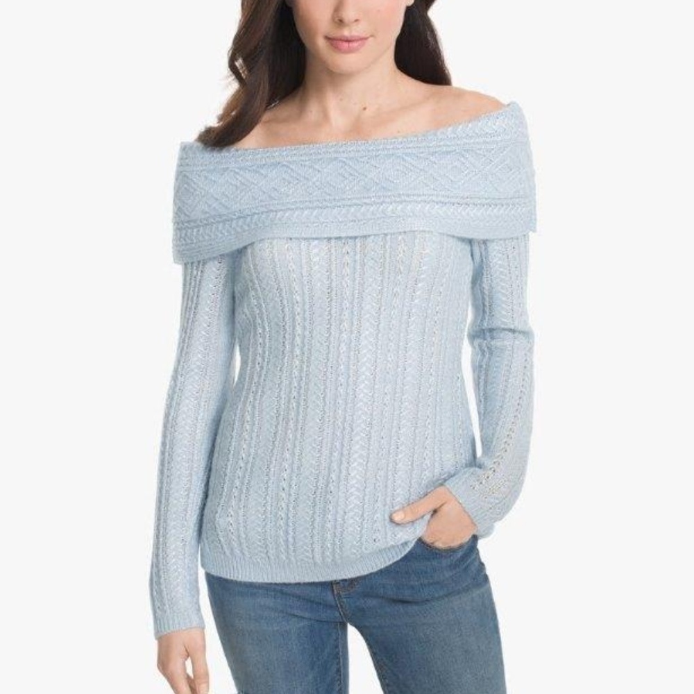 WHBM OFF-THE-SHOULDER CABLE KNIT SWEATER